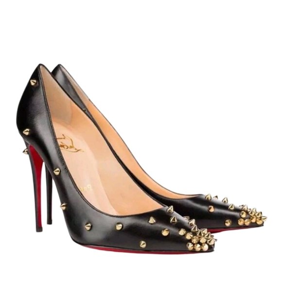 Christian Louboutin Shoes - Black Leather Studded Pointed-Toe High Heels - Designer Style